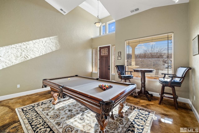 playroom featuring high vaulted ceiling and billiards