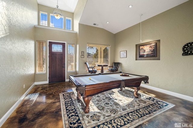 recreation room featuring high vaulted ceiling and billiards