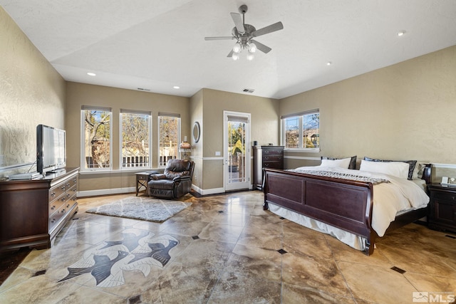 bedroom featuring lofted ceiling, ceiling fan, and access to outside