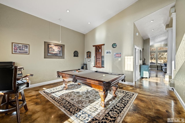 recreation room with high vaulted ceiling and pool table