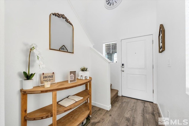 foyer entrance with ornamental molding and hardwood / wood-style flooring