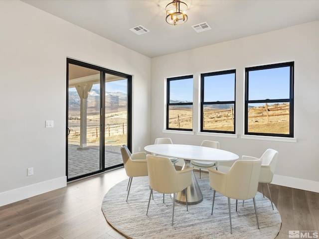 dining area with a notable chandelier and hardwood / wood-style flooring