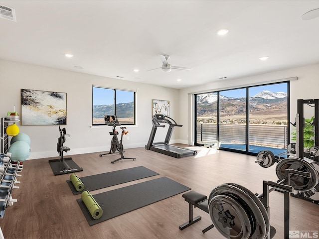 workout area with wood-type flooring, ceiling fan, and a mountain view