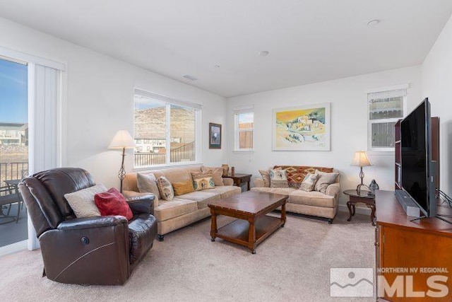 living room featuring light colored carpet