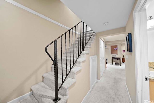 staircase featuring carpet flooring