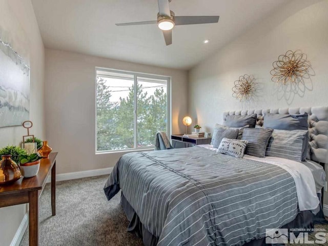 carpeted bedroom featuring ceiling fan and lofted ceiling