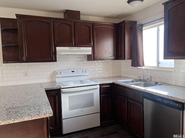 kitchen featuring white range with electric stovetop, tasteful backsplash, dishwasher, dark brown cabinetry, and sink