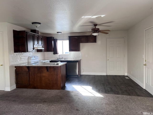 kitchen with white electric range, dishwasher, kitchen peninsula, and dark brown cabinetry