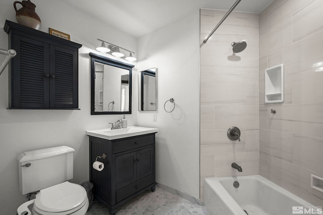 full bathroom with tiled shower / bath combo, vanity, and toilet