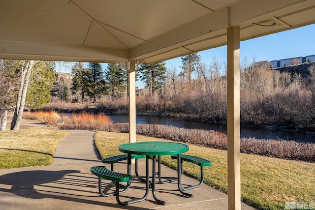 view of patio featuring a water view