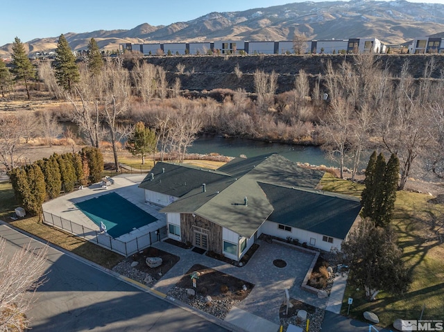 aerial view with a water and mountain view