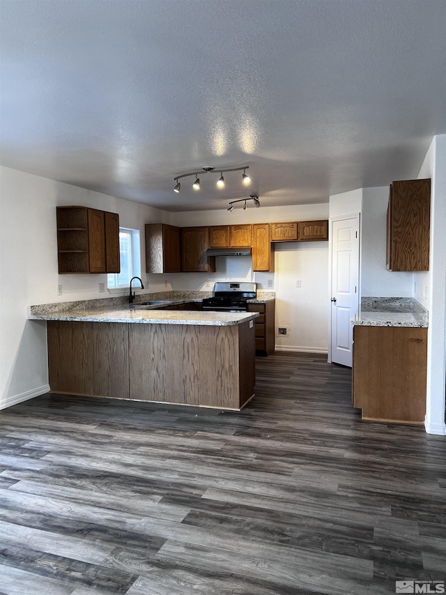 kitchen featuring dark wood-type flooring, kitchen peninsula, stainless steel range with gas cooktop, and sink