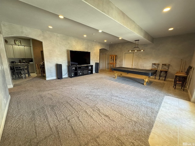 recreation room with carpet floors and billiards