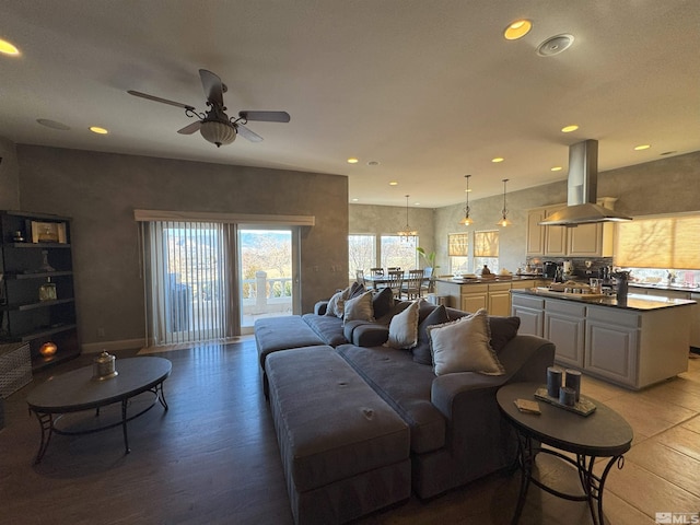 living room with ceiling fan