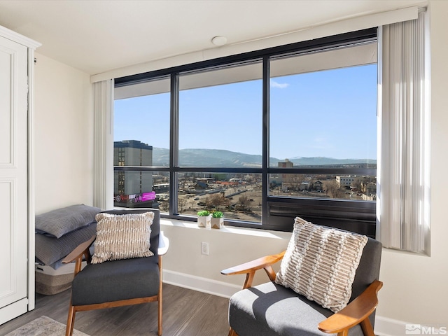 living area with dark wood-type flooring and a mountain view