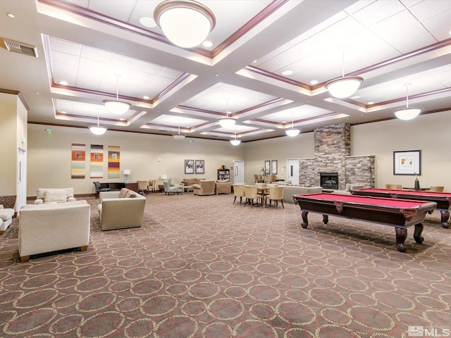 playroom featuring billiards, crown molding, coffered ceiling, and carpet flooring