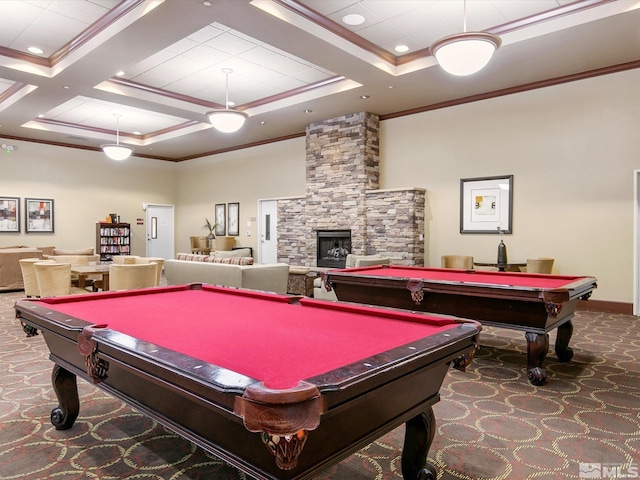 game room with pool table, ornamental molding, and coffered ceiling