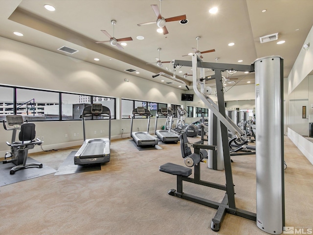 workout area featuring ceiling fan