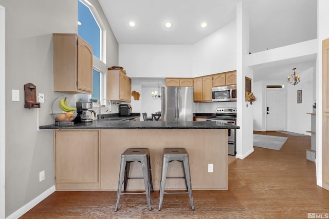 kitchen with kitchen peninsula, appliances with stainless steel finishes, sink, and a towering ceiling