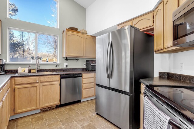 kitchen featuring stainless steel appliances, light brown cabinetry, and sink