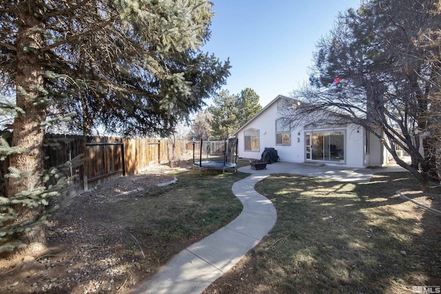 view of yard with a trampoline and a patio area