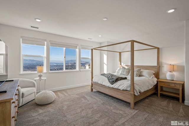 bedroom featuring carpet floors and a mountain view