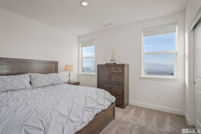 bedroom with light colored carpet