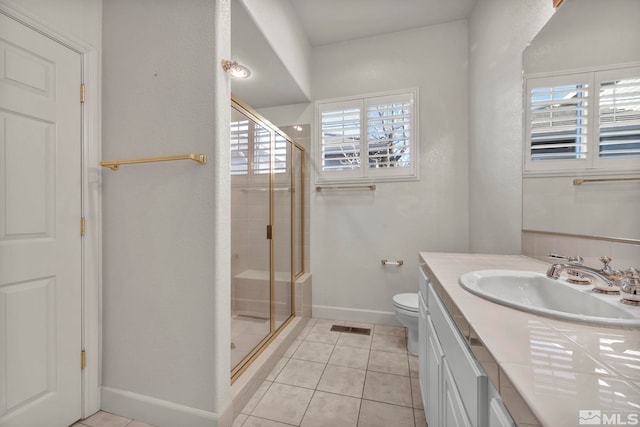 bathroom featuring toilet, walk in shower, vanity, and tile patterned flooring