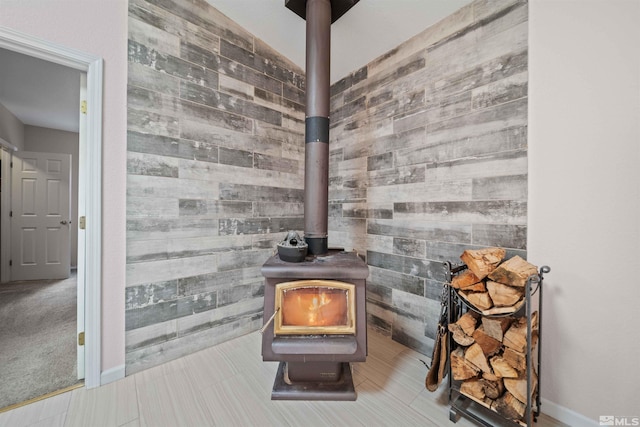 interior details featuring a wood stove