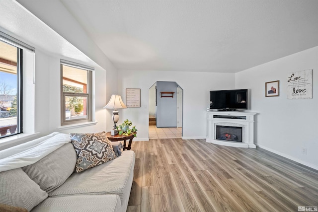 living room featuring a high end fireplace and light wood-type flooring