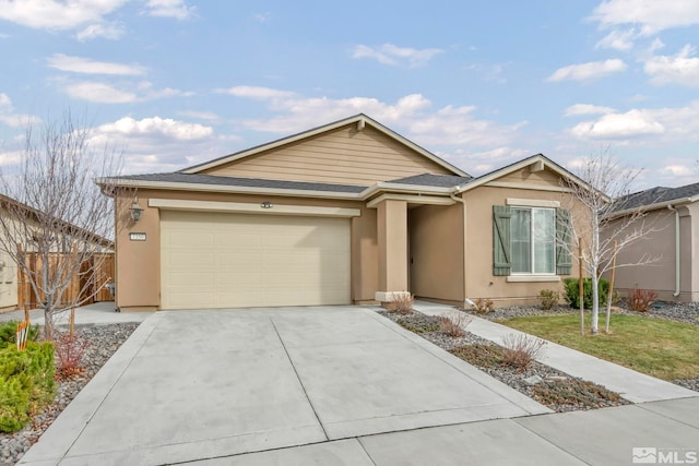 ranch-style house with a front yard and a garage