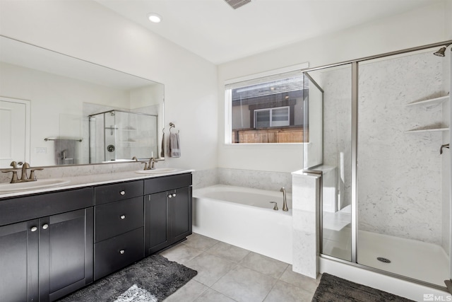 full bath featuring double vanity, a stall shower, a bath, tile patterned floors, and a sink