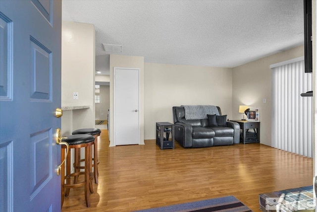 living room featuring hardwood / wood-style floors and a textured ceiling