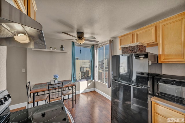 kitchen with ceiling fan, black fridge, stainless steel electric range oven, light brown cabinetry, and dark hardwood / wood-style flooring