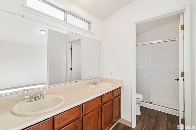 bathroom featuring toilet, vanity, hardwood / wood-style floors, a shower with shower door, and a textured ceiling