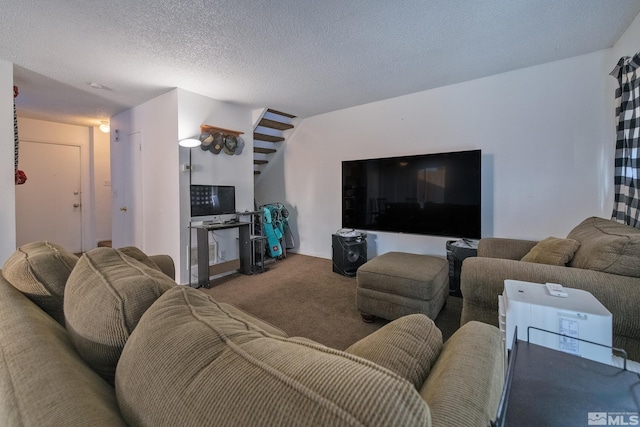 carpeted living room with a textured ceiling