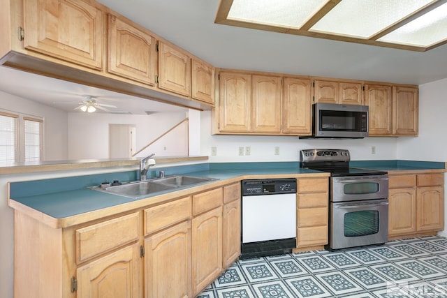 kitchen with ceiling fan, sink, light brown cabinets, and appliances with stainless steel finishes