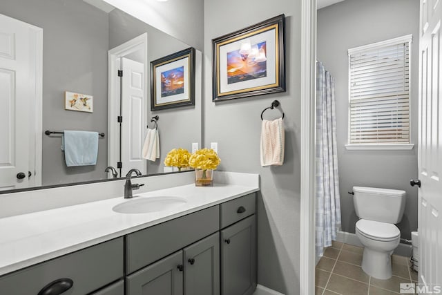 bathroom featuring toilet, vanity, and tile patterned floors