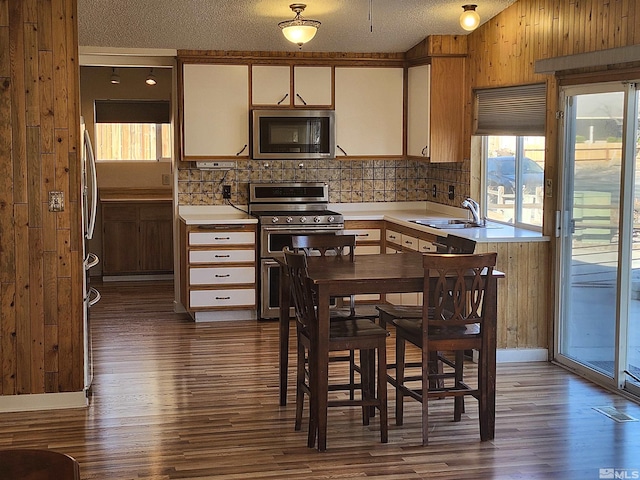 kitchen featuring a textured ceiling, stainless steel appliances, dark hardwood / wood-style flooring, and sink