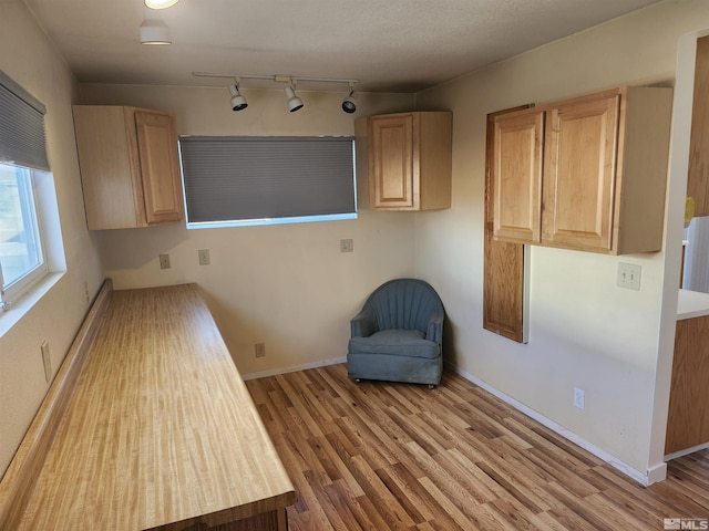 interior space featuring light hardwood / wood-style floors, rail lighting, and a textured ceiling