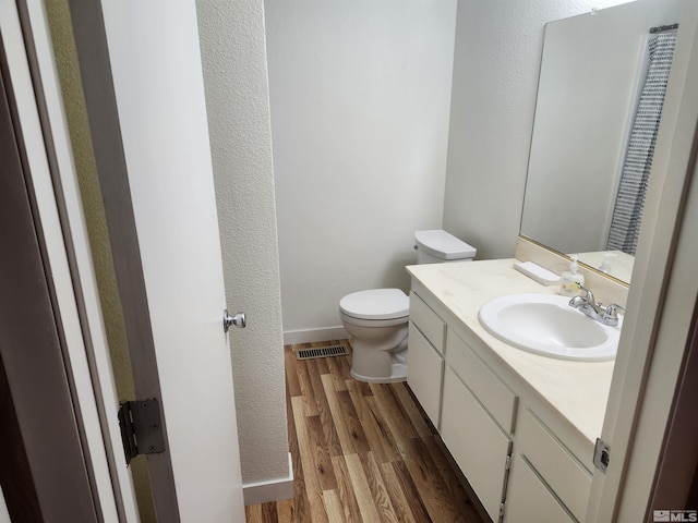 bathroom featuring toilet, wood-type flooring, and vanity