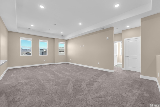 carpeted empty room with plenty of natural light and a tray ceiling