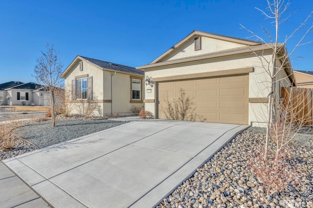 ranch-style house with a garage, fence, concrete driveway, and stucco siding