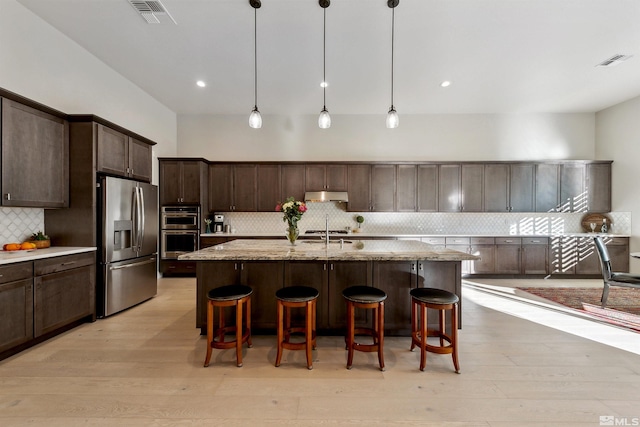 kitchen featuring backsplash, hanging light fixtures, a kitchen island with sink, and appliances with stainless steel finishes