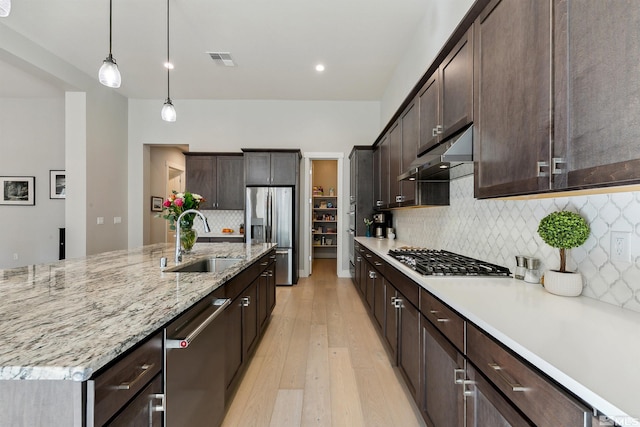 kitchen with sink, stainless steel appliances, dark brown cabinets, and decorative backsplash