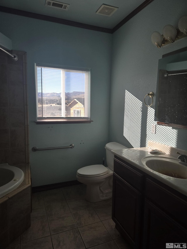 full bathroom with toilet, shower with separate bathtub, tile patterned flooring, ornamental molding, and vanity