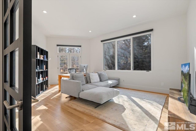 living room with crown molding and light hardwood / wood-style flooring