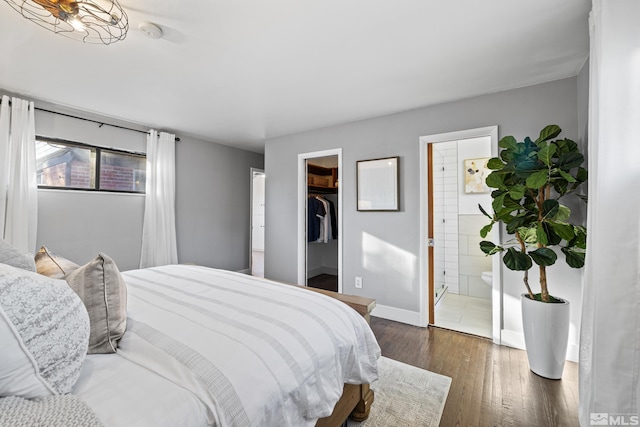 bedroom featuring a walk in closet, connected bathroom, dark hardwood / wood-style flooring, and a closet