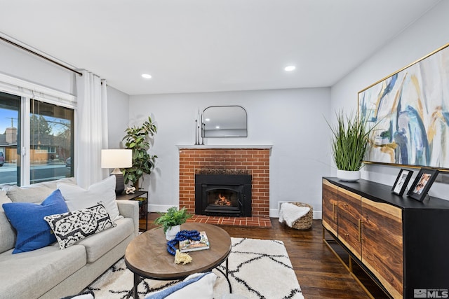 living room featuring a fireplace and dark hardwood / wood-style floors