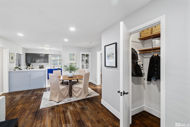 dining space featuring sink and dark hardwood / wood-style flooring